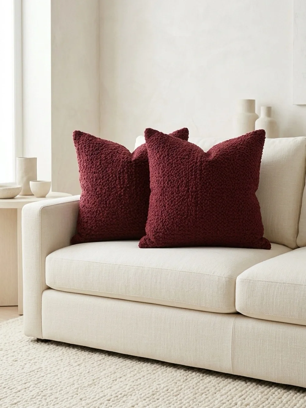 Crate & Barrel Pebble Pillow Covers Set Textured Wool Blend Wine 18x18